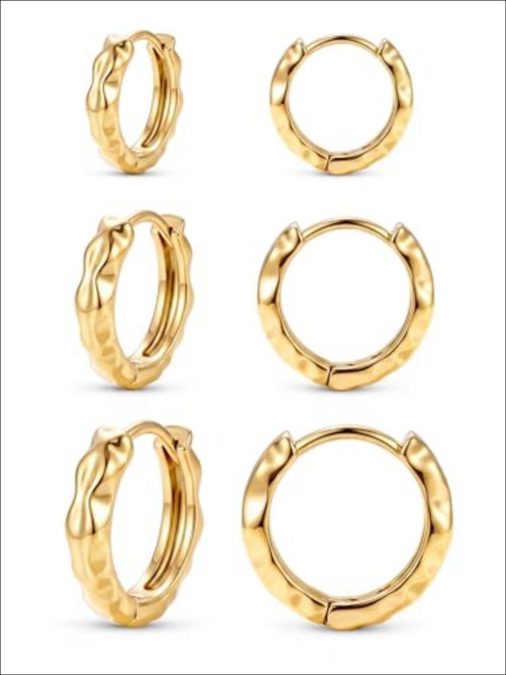 Hammered Huggie Hoop Earrings Set 14K Gold Plated for Sensitive Ears